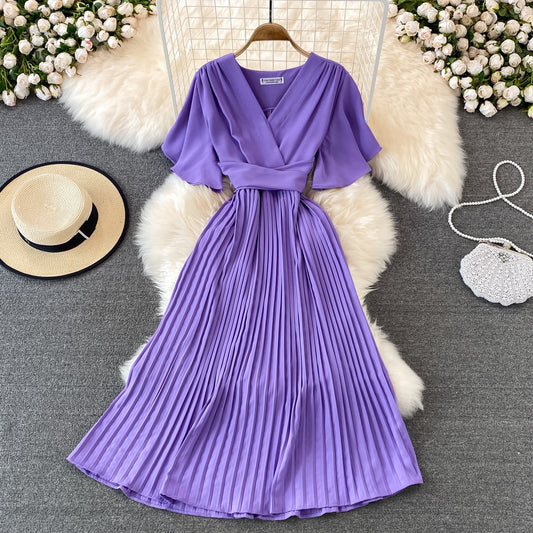 2022 Summer New V-neck Short-sleeved Dress Knee-length Slim Temperament Elegant Waist Tie Pleated Long Skirt Woman Dress