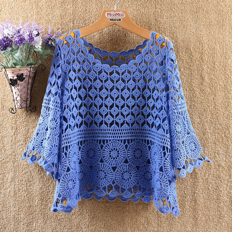 Spring and Summer Knitted Crochet Solid Color Hollow Jacket New Fashion Loose Round Neck Five-point Sleeve Handmade Top Female