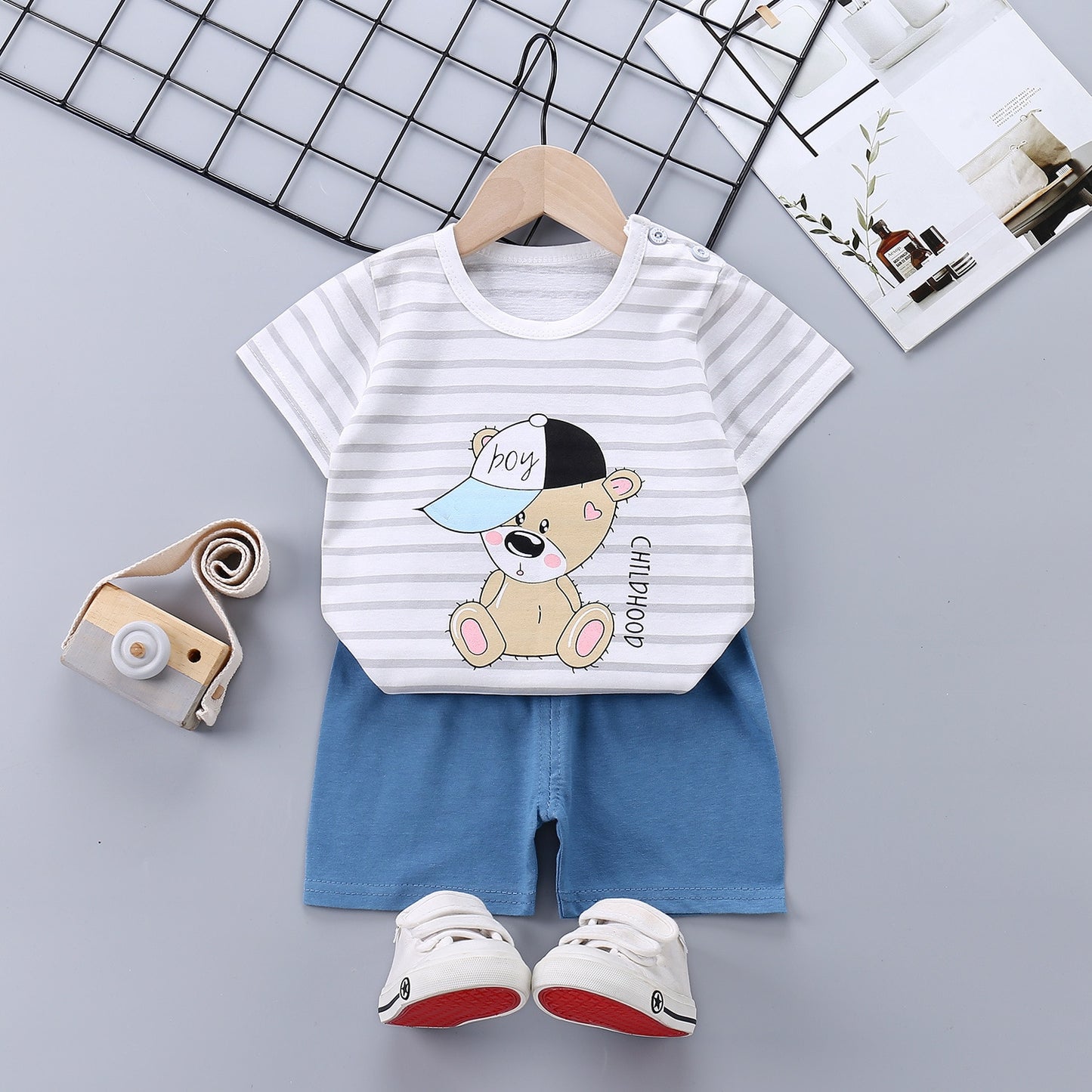 2022 Summer Baby Short-sleeved Shorts Suit Cotton Cartoon Casual Boys and Girls T-shirt Shorts Clothing Kids Clothing