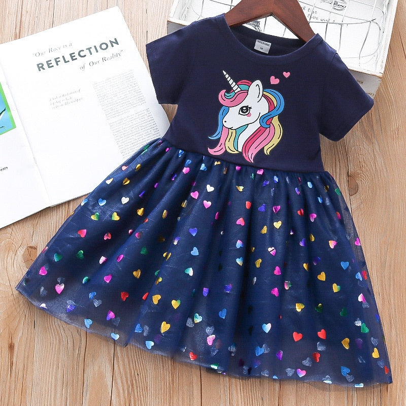 2022 New Summer Girls Dress Cotton Cartoon Unicorn Splicing Mesh Party Princess Dresses For 2-6 Years Girls Birthday Clothes