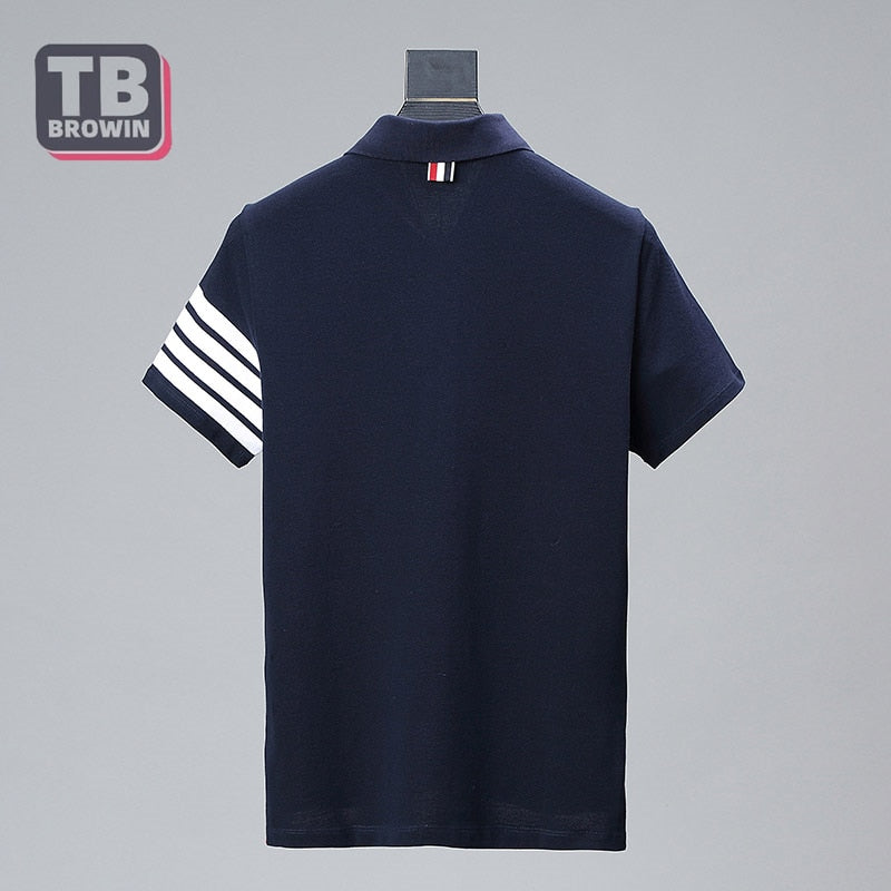 TB BROWIN tide brand half-sleeve four-bar men's striped cotton summer POLO lapel short-sleeved T-shirt casual trend couple wear