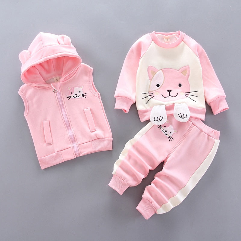 Autumn Winter Baby Boys Clothes Sets Thick Fleece Cartoon Bear Jacket Vest Pants 3Pcs Cotton Sport Suit For Girls Warm Outfits