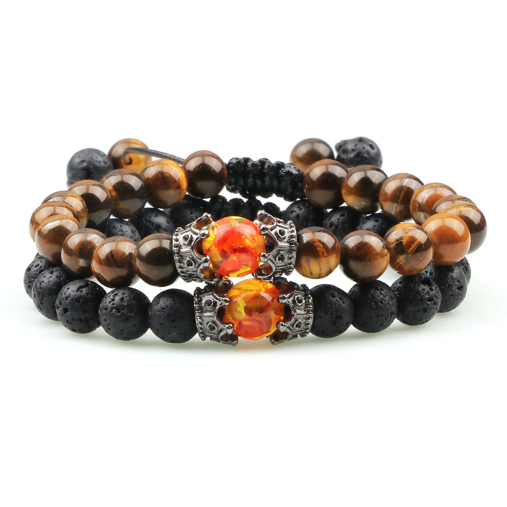 Black Lava Stone Crown Charm Tiger Eye Beads Bracelet For Men Women Braided Bracelets Handmade Adjustable Jewelry Pulseira