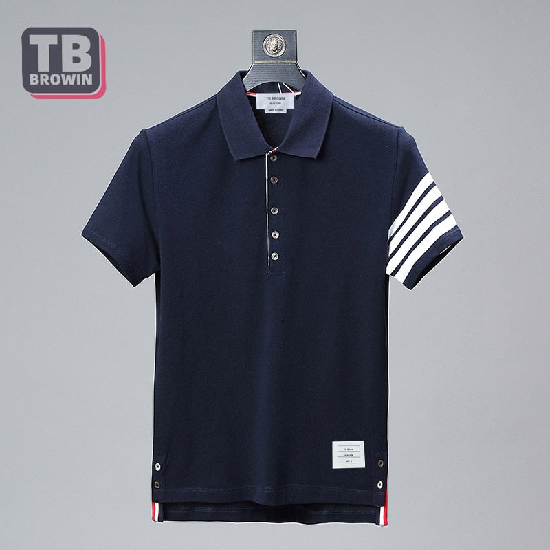 TB BROWIN tide brand half-sleeve four-bar men's striped cotton summer POLO lapel short-sleeved T-shirt casual trend couple wear