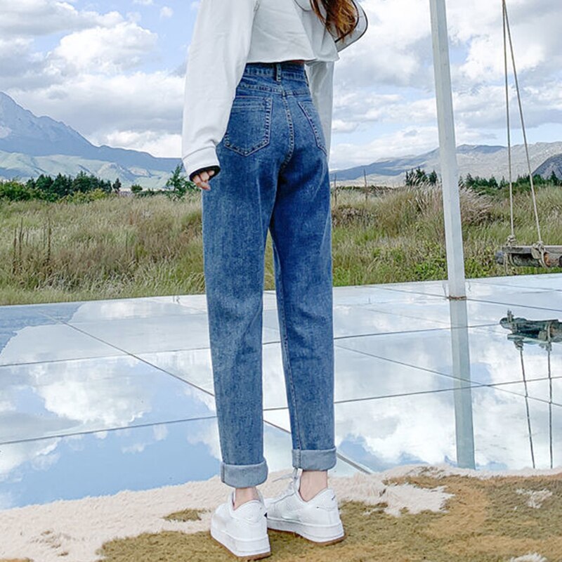 Xpqbb 2022 Summer High Waist Women Jeans Washed Casual Loose Harem Pants Female Solid Simple with Belt Student Denim Trousers