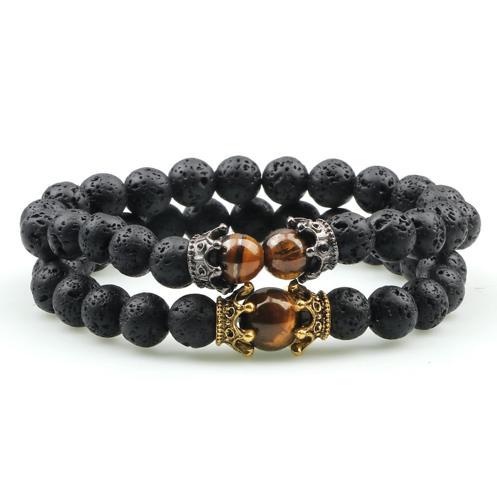 Black Lava Stone Crown Charm Tiger Eye Beads Bracelet For Men Women Braided Bracelets Handmade Adjustable Jewelry Pulseira