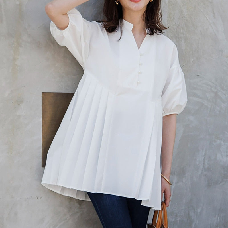 Elegant Chic Pearl Patchwork Blouse Japanese Casual Loose White Shirts Tops Spring Summer Fashion Short Sleeve Blusas Mujer