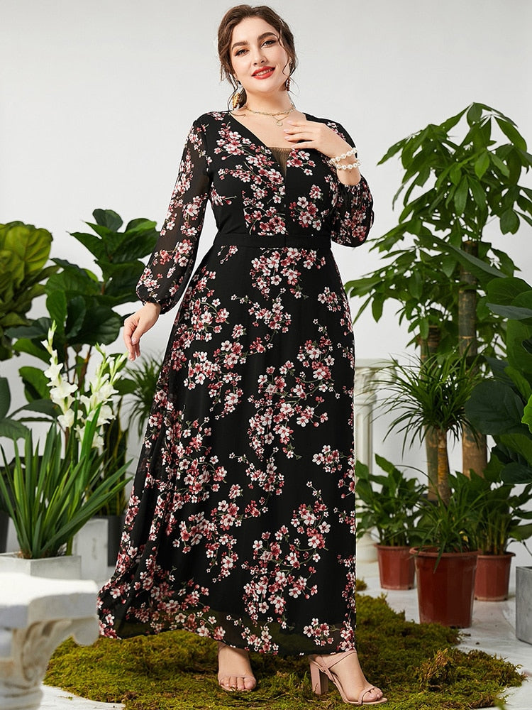 TOLEEN Women Large Plus Size Maxi Dresses 2022 Spring Pink Green Chic Elegant Long Sleeve Floral Evening Party Festival Clothing