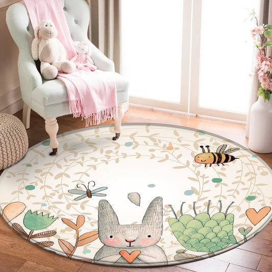 wangart Baby Play Mat Round Children Carpet Simplicity Animal Bunny Bee Pattern Children Flannel Carpet Baby Hand Print Carpet