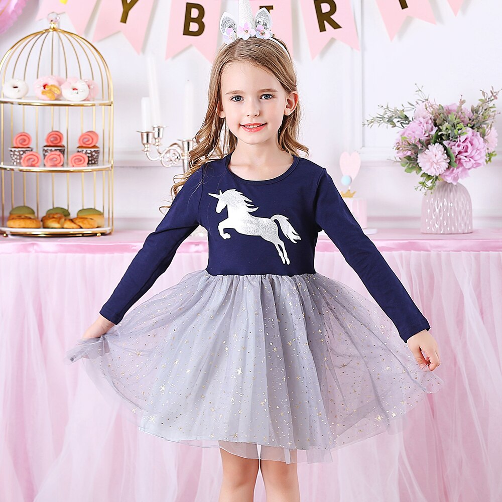 VIKITA Children Unicorn Dresses Girls Birthday Party Performance Prom Gown Elegant Dress Toddlers Long Sleeve Princess Dresses