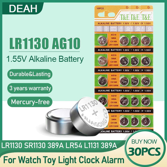 30pcs AG10 LR1130 1130 389A 189 LR54 L1131 389 SR54 1.55V Alkaline Battery For Toy Watch Calculator Scale Computers Button Cell