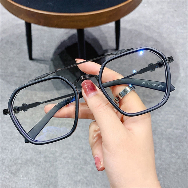 Retro Fashion Double Beam Square Myopia Glasses for Men Women Anti Blue Light Black Transparent Finish Prescription Eyewear -1.0