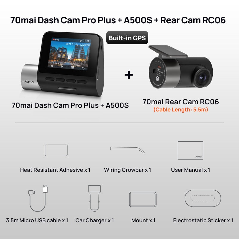 70mai A500S Dash Cam Pro Plus+ 1944P 140FOV 70mai Car DVR Support Rear Cam WIFI Built-in GPS ADAS 24h Parking Surveillance