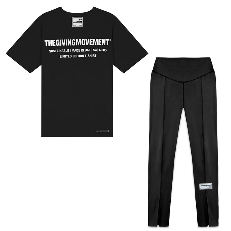 TGM Solid Sustainable Basic Tees Women Oversized + Slim Leggings Pants Side Split Slim Stretch Skinny Female Long Trousers set