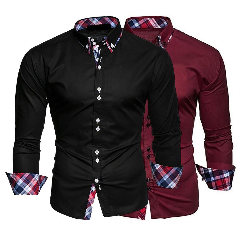 Slim Men Shirt Plaid Turn-down Collar Single-breasted Formal Dress Shirt Spring Slim Male Polo Shirt Business Camisa T-shirt