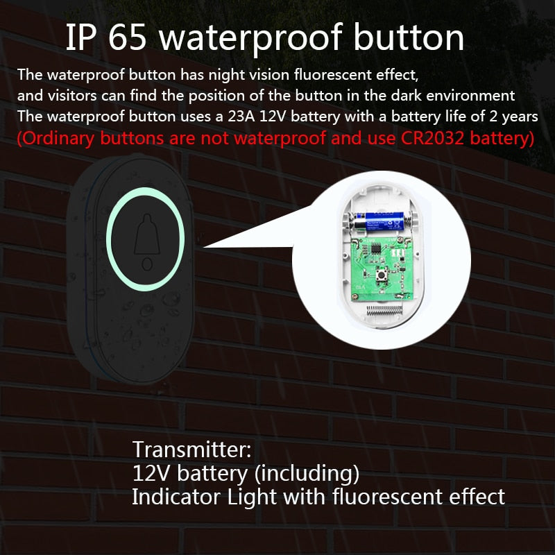 Outdoor 433MHz Wireless IP65 Waterproof Doorbell LED Light Night Vision  38 Songs Welcome Smart Home Door Bell Security