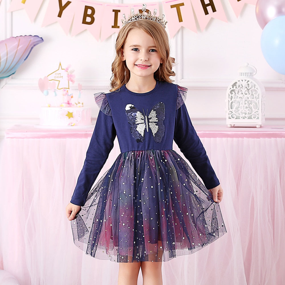 VIKITA Autumn Girls Dress Butterfly Sequins Kids Long Sleeve Dresses Baby Girls Princess Dress Party Clothes Birthday Dresses