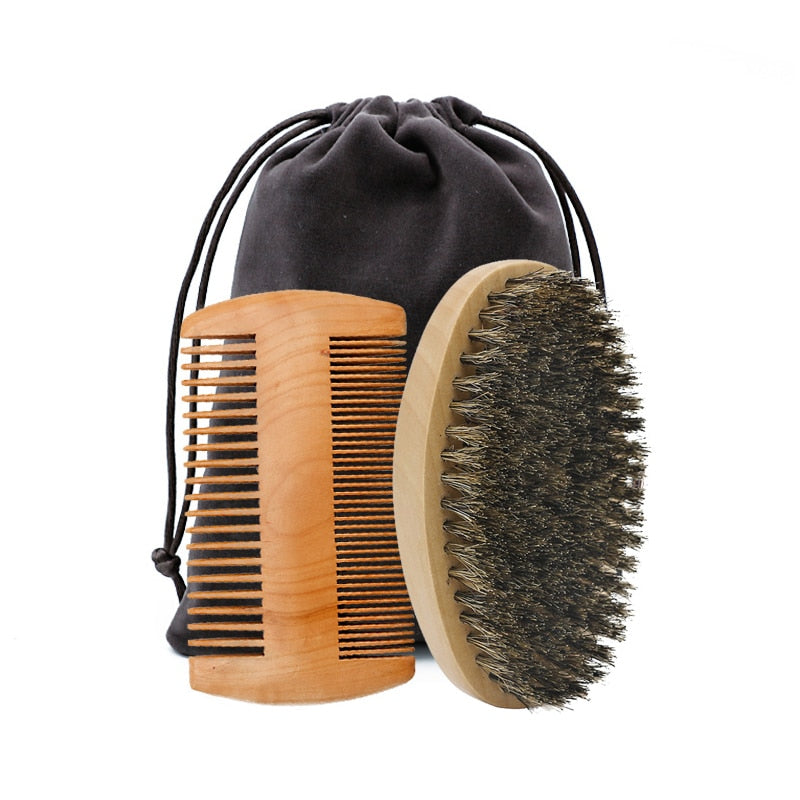 Professional Soft Boar Bristle Wood Beard Brush Hairdresser Shaving Brush Comb Men Mustache Comb Kit With Gift Bag Hair Comb Set