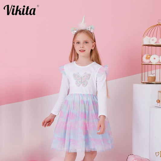 VIKITA Autumn Girls Dress Butterfly Sequins Kids Long Sleeve Dresses Baby Girls Princess Dress Party Clothes Birthday Dresses