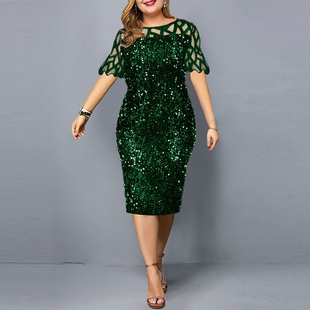 Plus Size Dresses Elegant Sequin Slim Party Dress for Women 2022 Summer Mesh Short Sleeve Midi Evening Club Dress Casual Outfits