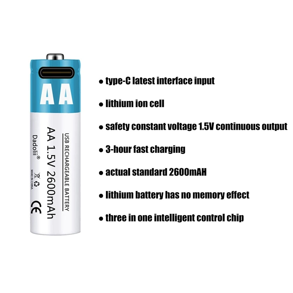 USB rechargeable lithium ion battery 1.5V AA battery 2600mAh remote control, mouse, small fan, toy battery+cable