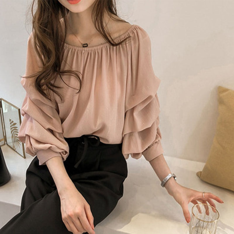 Spring Korean Fashion Pile Up Sleeves Loose Blouses Solid Color Sweet Female Elastic Round Neck Casual Shirt Women's Clothing