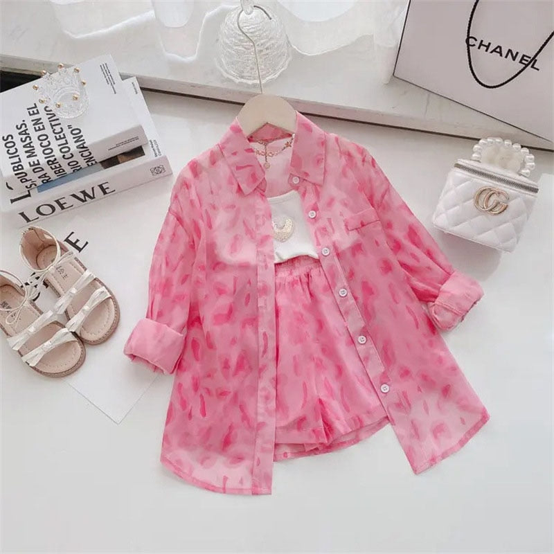 Girls Pink Leopard Print Clothes Set 2022 Summer Kids Sunscreen Long Shirt With Shorts 2 Piece Suit 2-8 Years Children Outfits