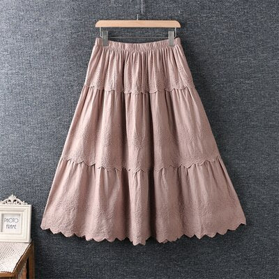 Summer Sweet Elastic Waist Embroidery   Loose   Cotton And Linen Skirt