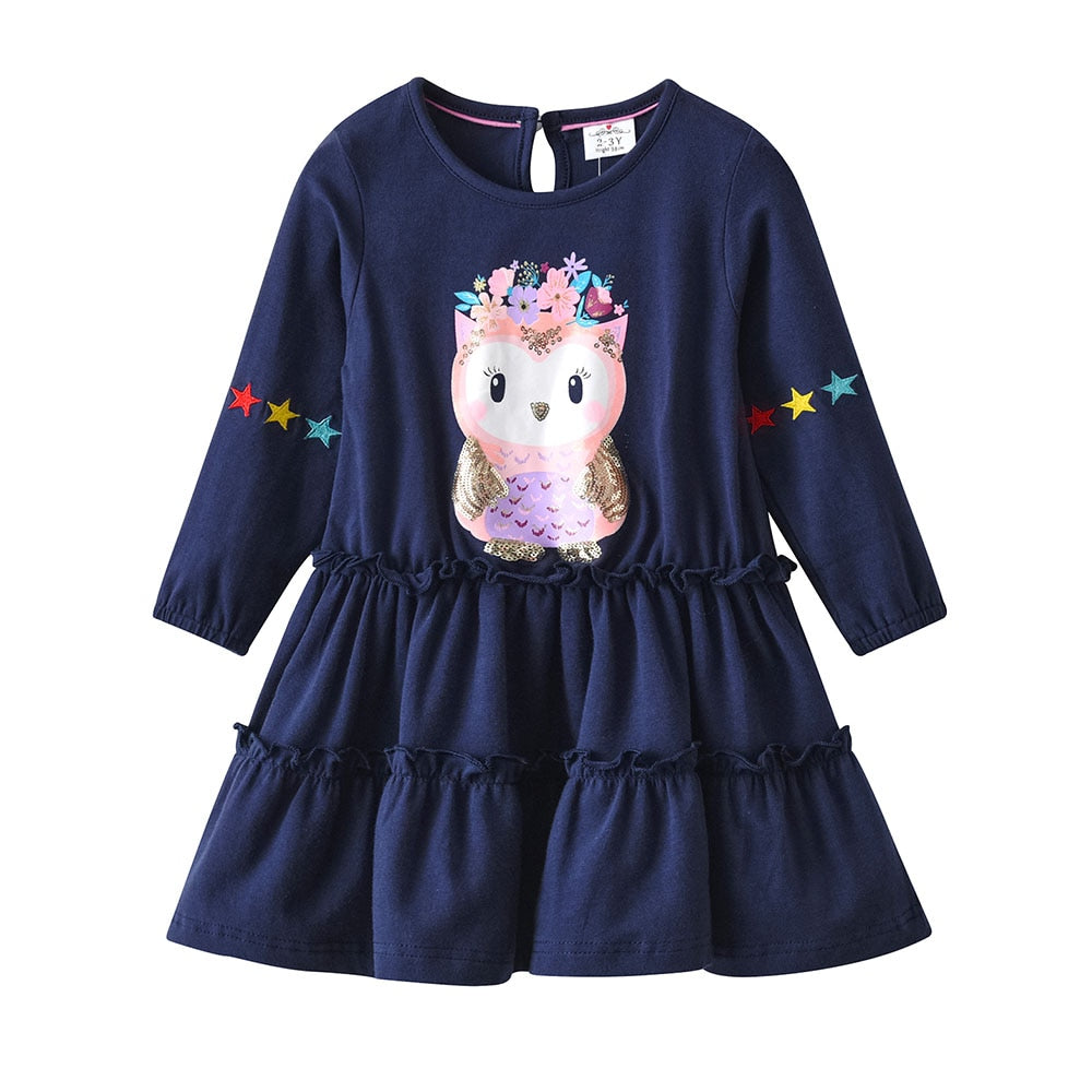 VIKITA Spring and Autum Girls Long Sleeves Dress Cotton Cartoon Children's Clothing Kids Princess Casual Clothes 2-8years