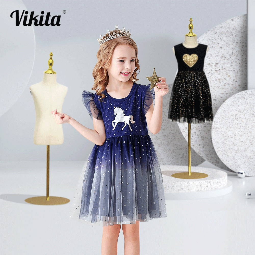 VIKITA Girls Dresses 2022 Girls Sequins Sleeveless Dresses Kids Elegant Cute Princess Tutu Vestidos Children Summer Tulle Dress