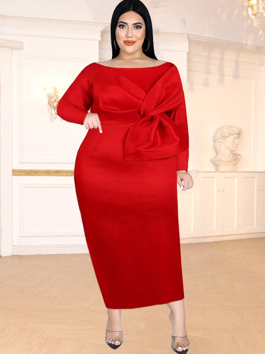 Red Plus Size Dresses Long Sleeve Women Cocktail Evening Birthday Party Gowns Bodycon Outfits 4XL for Ladies with Bowtie 4XL