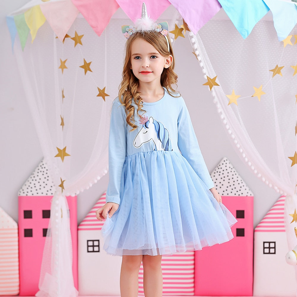 VIKITA Children Unicorn Dresses Girls Birthday Party Performance Prom Gown Elegant Dress Toddlers Long Sleeve Princess Dresses