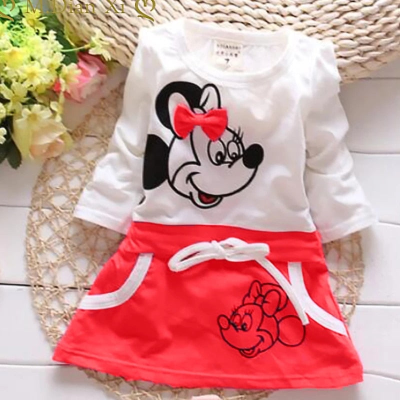 Baby Dresses Girl 2022 New Hot Fashion Cute Minnie Stitching Dress Pure Cotton Long Sleeve Female Baby Cartoon Print Mini Knee