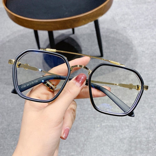 Retro Fashion Double Beam Square Myopia Glasses for Men Women Anti Blue Light Black Transparent Finish Prescription Eyewear -1.0