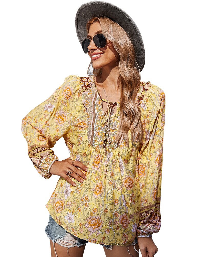 GAOVOT Women's Leisur Tie Neck Top Loose Floral Print Blouses Shirts Long Sleeve Beach Autumn Blusas Mujer