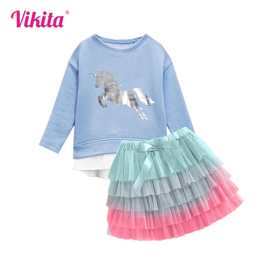 VIKITA Girls Clothing Sets 2 Pcs Autumn Winter Kids Star  Children Clothing Outfits  T-Shirts Sweatshirts And Tutu Skirt Casual