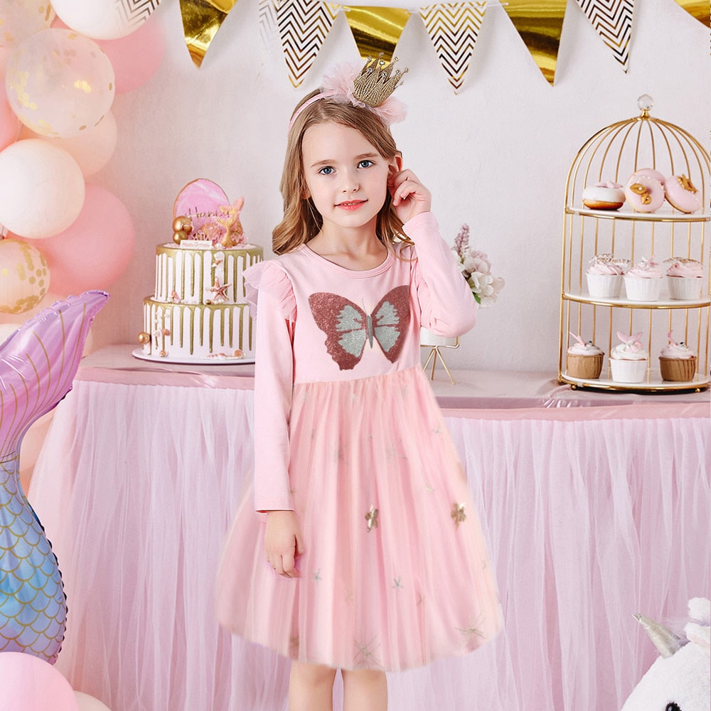 VIKITA Autumn Girls Dress Butterfly Sequins Kids Long Sleeve Dresses Baby Girls Princess Dress Party Clothes Birthday Dresses