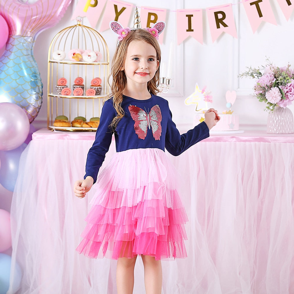 VIKITA Autumn Girls Dress Butterfly Sequins Kids Long Sleeve Dresses Baby Girls Princess Dress Party Clothes Birthday Dresses