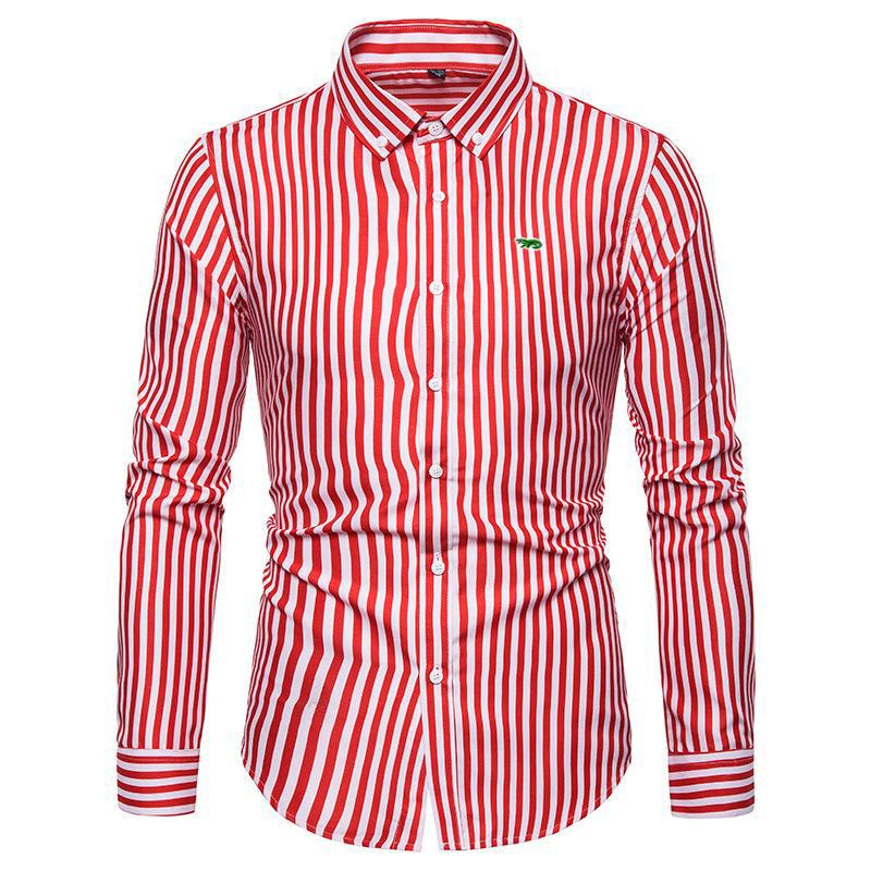 M-5XL Men's Shirt Business Brand Design Embroidery- Logo Casual Striped Blouse Hommes Clothing Male Fashion Slim Dress Shirts