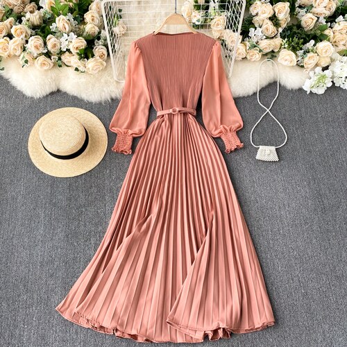 New 2021 Women Elegant Maxi Dress Spring Summer Patchwork Puff Long Sleeve Pleated Muslim Long Dresses Ladies Party Dress