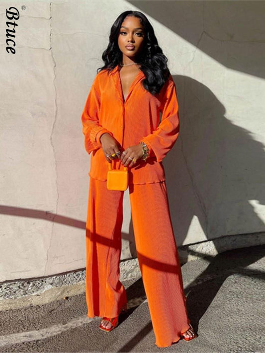 Women's Tracksuit Two Piece Sets Loose Long Sleeve Shirt Tops and Wide Leg Pants Elegant Suits 2022 Summer Casual Female Outfits