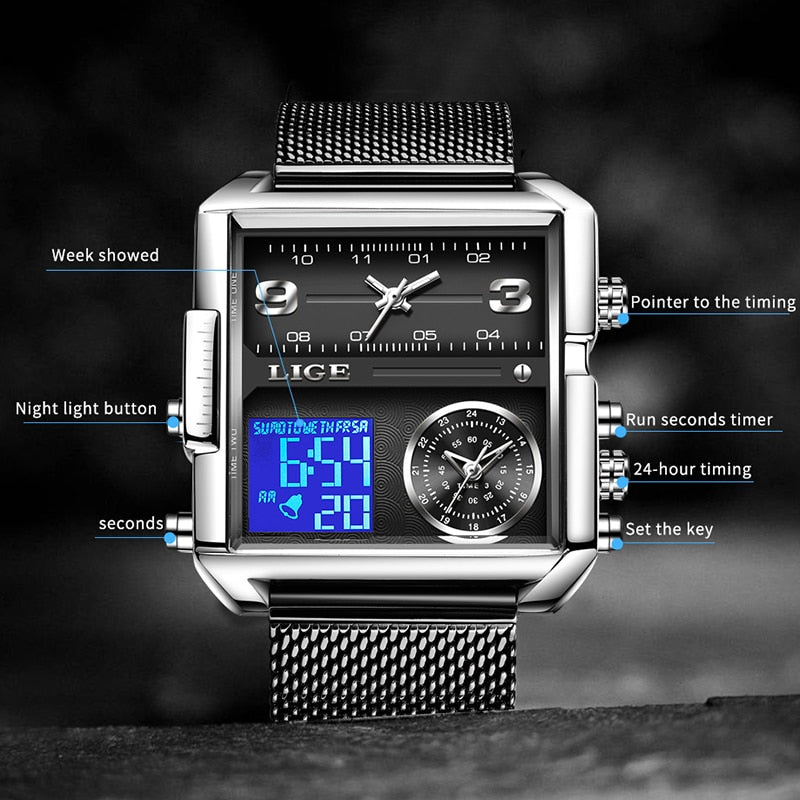 2022 LIGE Digital Watches Mens Top Luxury Brand Waterproof Square Wrist Watch Men Quartz Military Sports Watch Relogio Masculino