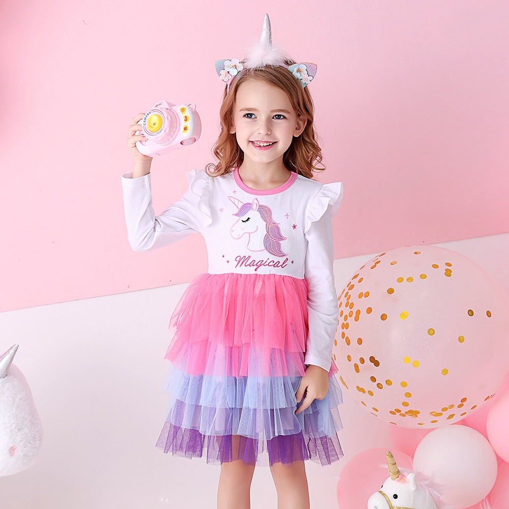 VIKITA Girls Princess Dress Unicorn Sequins Long Sleeve Autumn Dress Kids Birthday Party Wedding Tulle Dresses Children Clothing