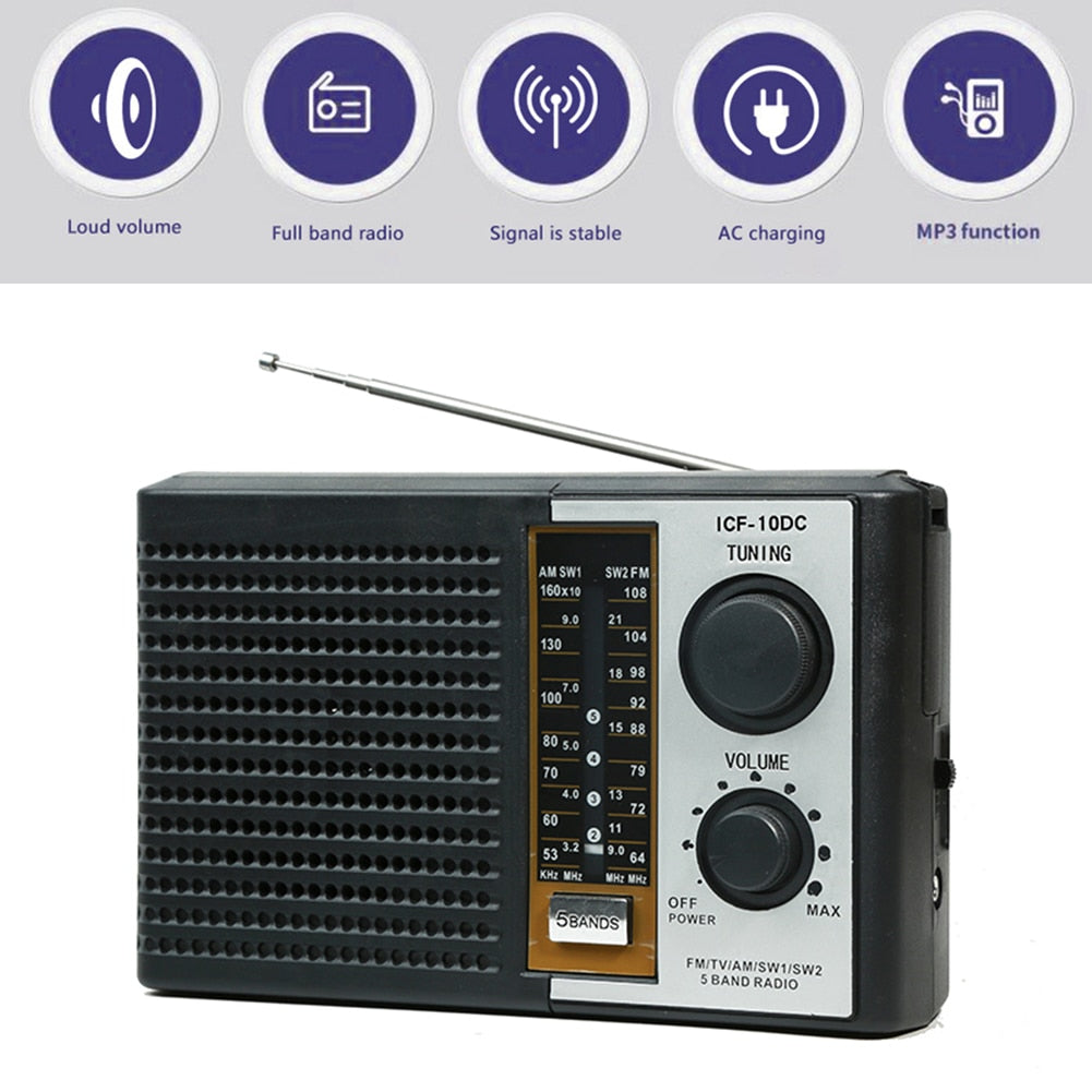 Full Band AM/FM/TV/SW1/SW2 Radio Full Frequency Receiver Built in Speaker Portable Radio with 3.5MM Audio Jack Support TF Card