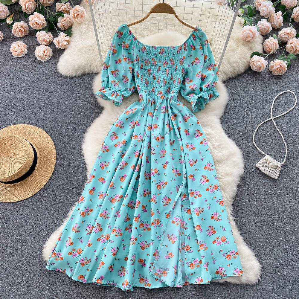 YuooMuoo Limited Big Sale Women Dress Fashion Romantic Floral Print Split Long Summer Dress Puff Sleeve Party Korean Vestidos