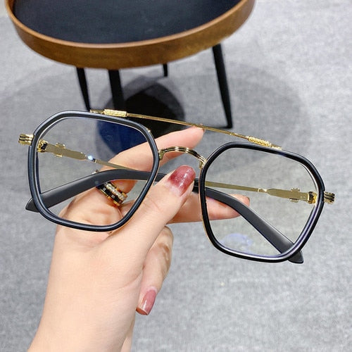 Retro Fashion Double Beam Square Myopia Glasses for Men Women Anti Blue Light Black Transparent Finish Prescription Eyewear -1.0