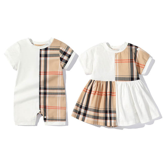 Newborn Baby Boy Girls Plaid Romper Dress Cotton Short Sleeve Outfit Infant Kid Spring & Autumn Onesie Jumpsuit Children Clothes