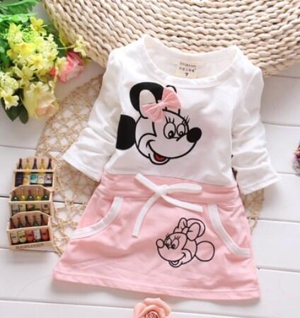 Baby Dresses Girl 2022 New Hot Fashion Cute Minnie Stitching Dress Pure Cotton Long Sleeve Female Baby Cartoon Print Mini Knee