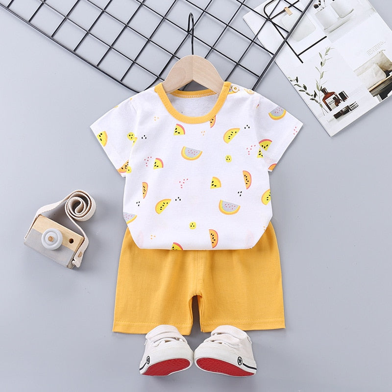 2022 Summer Baby Short-sleeved Shorts Suit Cotton Cartoon Casual Boys and Girls T-shirt Shorts Clothing Kids Clothing