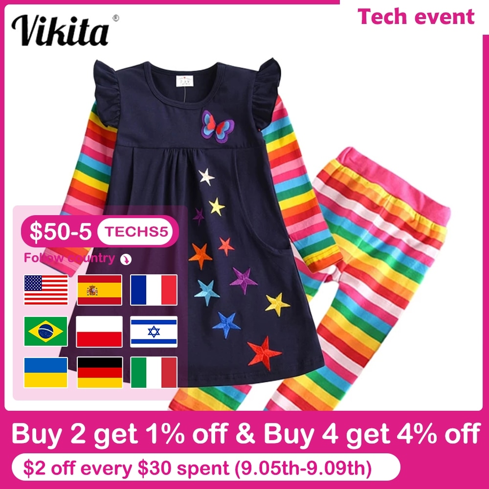 VIKITA Kids Autumn Spring Clothing Sets for Girl Children Butterfly Star Embroidery Cotton Dress and Slim Leggings Girls Outfit